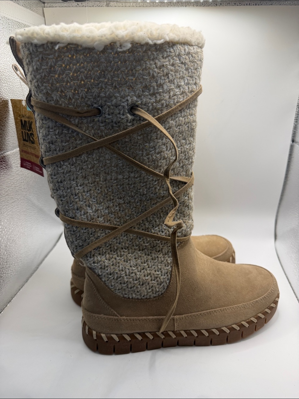 Muk Luks Tan Knit-Top Suede Winter Boots with Faux Fur Collar